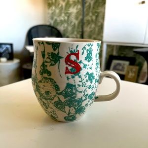 ANTHROPOLOGIE Homegrown Monogram Letter S Sage Floral Initial Mug Cup Coffee Tea